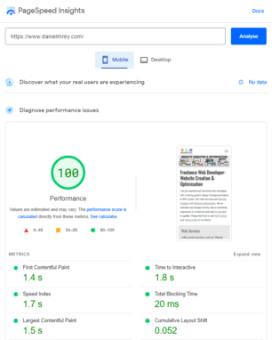 Google page speed insights optimisation results for danielmrey