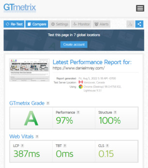 Gtmetrix optimisation results for danielmrey